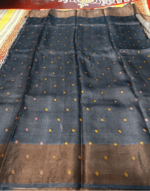 Pure Black Hand-Block Tussar Silk Saree - Image 3